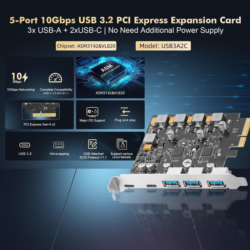 Binardat PCIE to USB 3.2 Gen2 10G Expansion Card, 5 Port 3X USB Type-A and 2X Type-C Ports, Self-Powered, USB3.2 Hub Controller Adapter for Windows 10/11 - Image 2